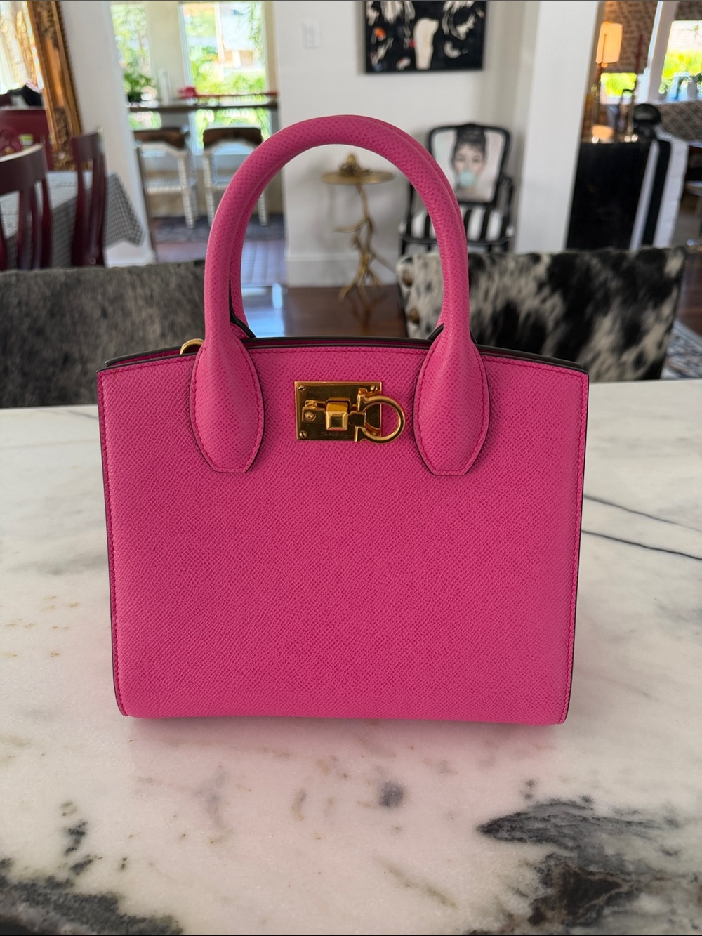 Pristine Ferragamo Studio Box Mini Bag Fuchsia Pink Gold